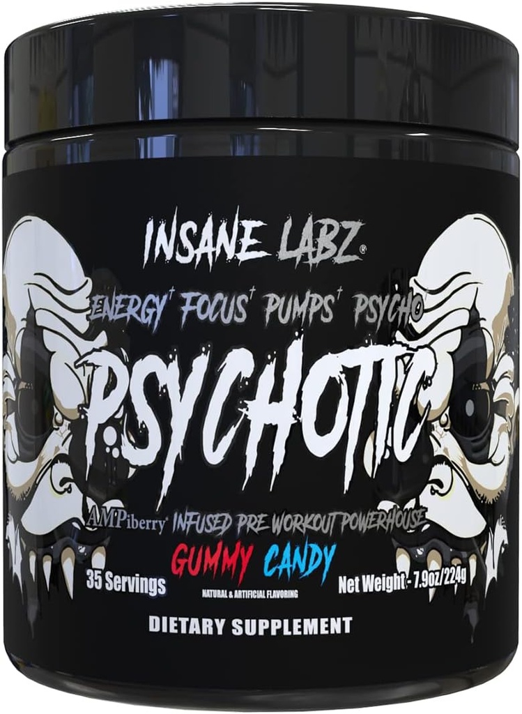 Insane Labz Psychotic Black Edition Mid Stimulant Pre Workout Powder, 에너지 초점 펌프, AMPiberry, 35 서빙 (Gummy Candy)에 의해 연료로 Creatine Beta Alanine Taurine로로드