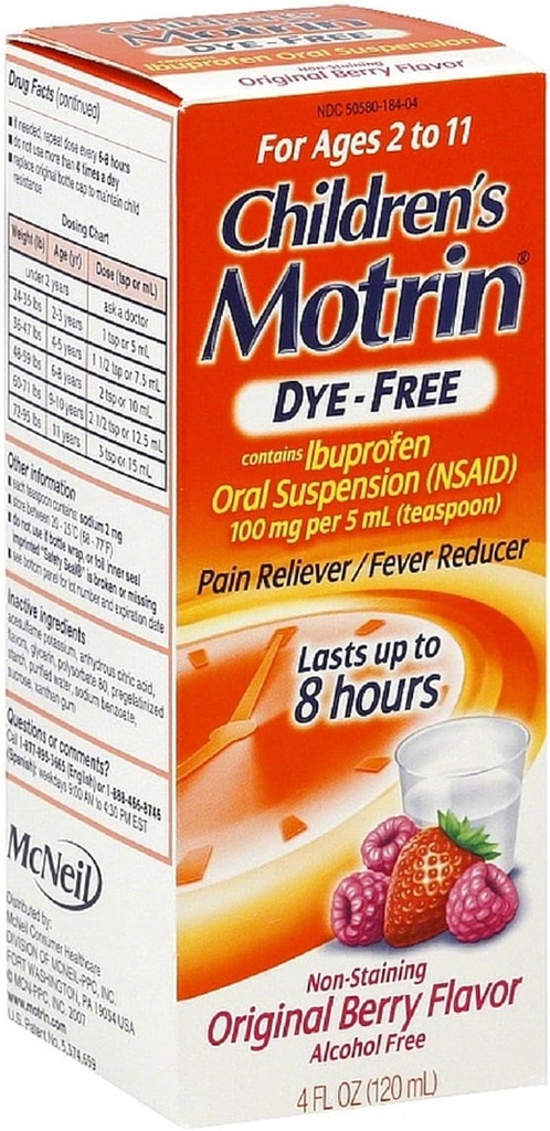 Motrin Children's Dye-free Pain Reliever/Fever Reducer, Original Berry Flavor 4 oz (12 pakkaus)