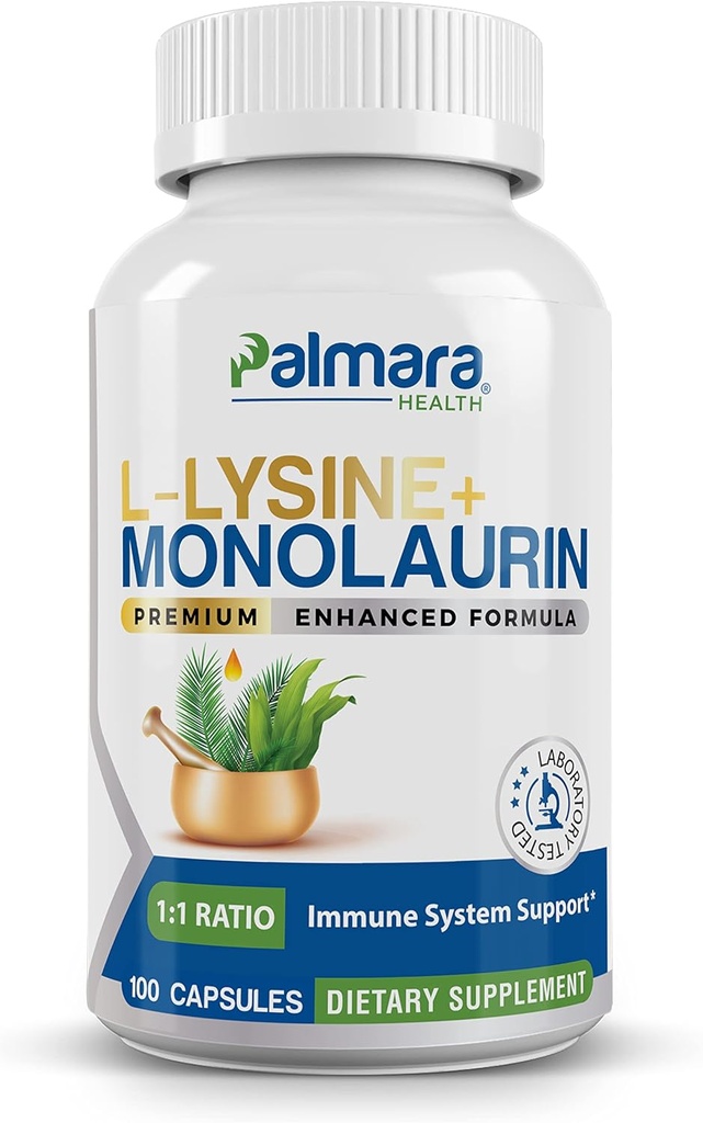 Palmara Health L-Lysine + monolaurin 600 mg 1: 1 razmerje, 1 pakiranje, 100 kapsul
