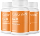 Célébrez le supplément de fer aux vitamines C - 45mg Fer, 60mg Vitamine C, Vitamines bariatriques pour les patients atteints de SDF, Chirurgie par voie verticale et gastrique (90 Capsules)