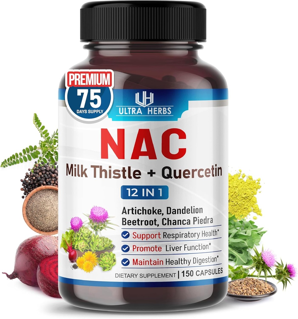 NAC Supplement N-Aetyl Cysteine Entriched with Milk Thitle, Quercetin - สนับสนุน emmuniity, Resprication Heal & Ver Detoxox | 150 Capsules