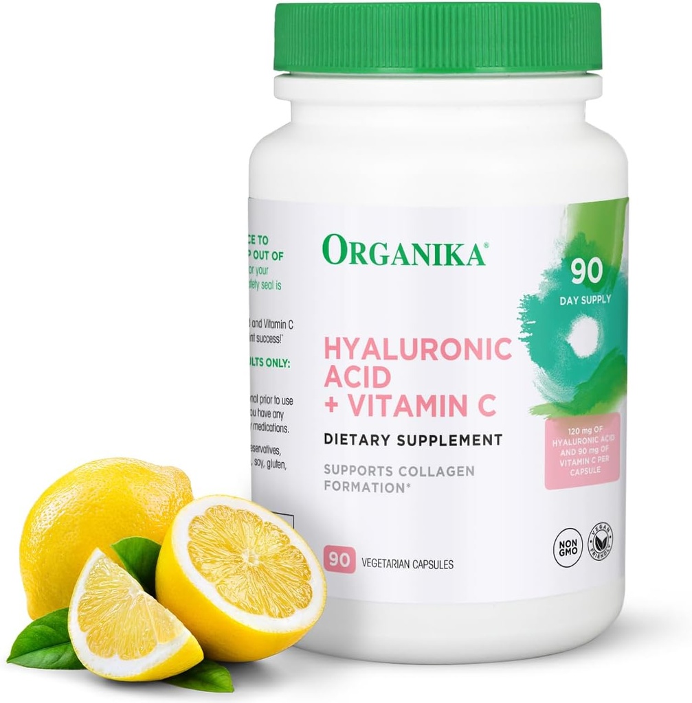 Organika Hyaluronic Acid dodatek s vitaminem C (90 Zeleninové kapsle): Symbiotické společné Wellness, Collagen, & Skin Hydration Powerhouse - Vylepšené Hyaluronic Acid doplňky pro mobilitu a krásu