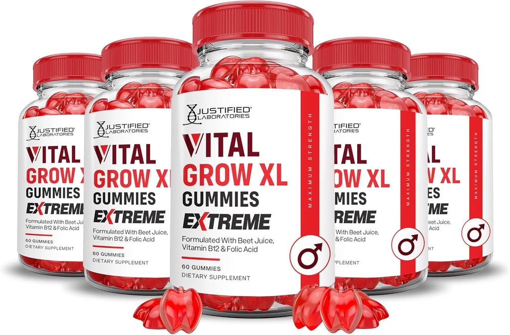 Laboratórios justificados (5 Pack) Vital Grow XL Extreme 2000MG Gummies Performance Fórmula avançada Formulado com ACV Pomegranate Beet Juice Pó B12 Vegan Non GMO 300 Gummys