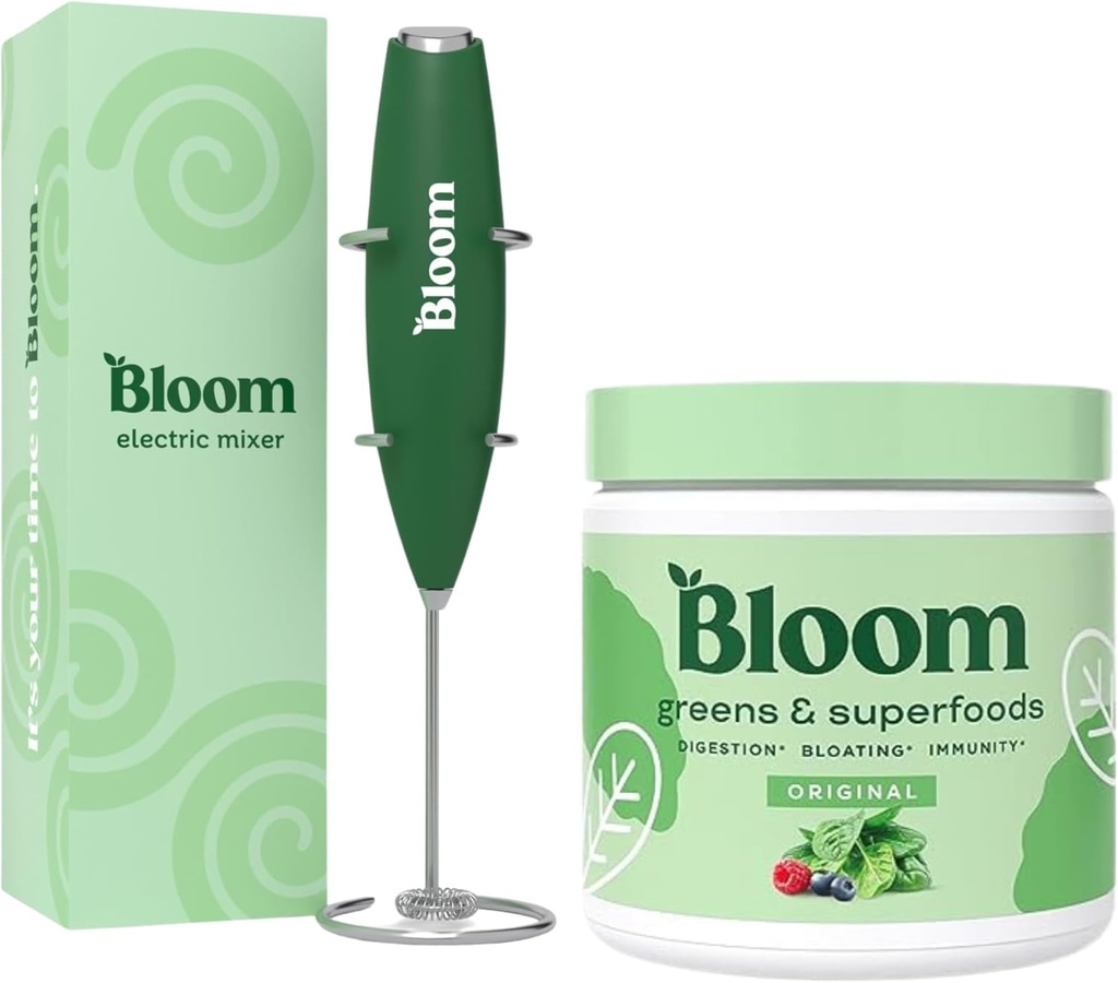 Bloom Nutrition Superfood Greens Powder, Enzimas Digestivos con Probióticos e Prebióticos, Saúde Gut, alivio de bloqueo, orixinal + Milk Frother High Powered Hand Mixer