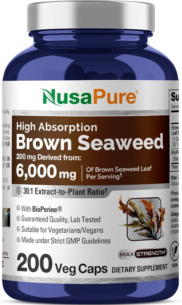 NusaPure Brown Seaweed 30:1 Extracto, 200 mg Equivalente a 6000 mg 200 cápsulas de Veggie - (Vegan, non-GMO Bioperina)
