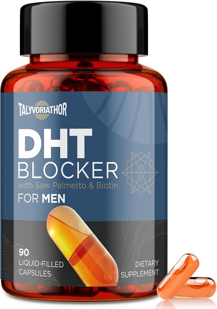 DHT Blocker pentru barbati cu Saw Palmetto & Biotin, Formula de crestere a parului in capsulele cu file lichid, Suplimente de pierdere a parului, Vitamine de crestere a parului, Blends Herbal Proprietate - 90 capsule (1 flacon)