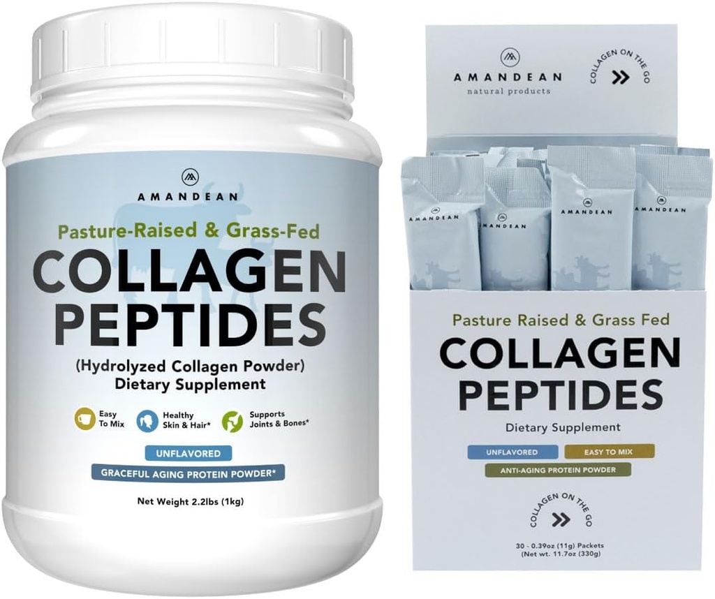 AMANDEAN Collagen Peptides Bundle, 1 kg eta pakete itsaskorrak. Belar-freskoa, hidrolisatua, 1. eta 3. proteina, 18 Aminoazido larru osasuntsurako, ilerako, iltzeetarako. Nahasteko erraza, desatsegina, ez-GMO