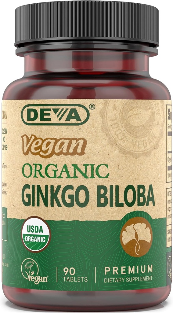 DeVA טבעוני גינקו Biloba Dietary תוסף, USDA אורגני, החברה טבעונית מוסמך, Easy-to-Swallow Tiny Tablets, 300 מ"ג., בקבוק 90-Count