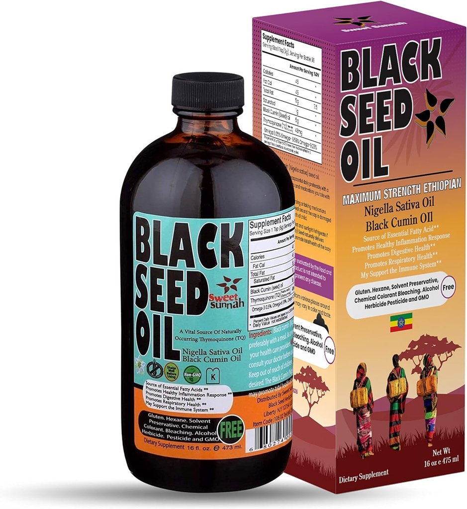 Etiopian Black Seed Oil - 3,43% Thymoquinone Cold- Pressed Black Cmin Seed from Pure Nigella Sativa - First Pressing Blackseed Non-GMO Ulepszony - 16 Oz Butelka szklana Sweet Sunnah