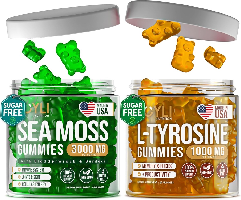 아일랜드어 Sea Moss & L-Tyrosine Gummies - L Tyrosine Supplement, 성인, 아이를위한 바다 Moss Gummies, 아일랜드어 Sea mos Bladderwrack Burdock Root - 60 L-Tyrosine, 60 아일랜드어 Sea Moss Gummies
