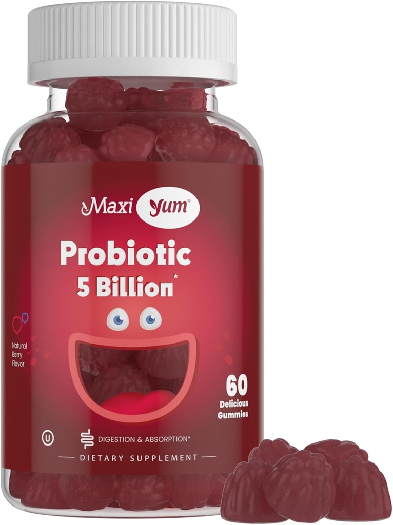 Maxi Health Yum, Gummies Probiótico com 5 bilhões de UFC de Probióticos Digestivos de Saúde, Kosher Certificado Natural Berry Flavor Gut Saúde Chewable Gummy Suplementos para homens e mulheres, 60 chicletes