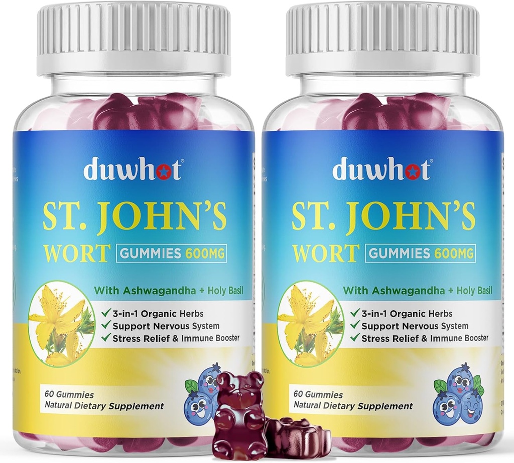 St John's Wort Gummies 600mg, 3 in 1 Herbal Osagarri organikoak Stress Relief, Nervous System Support, Ashwagandha eta Holy Basil extract heldu eta haurrentzako, GMO ez-GMO, Vegan, 120 kt.