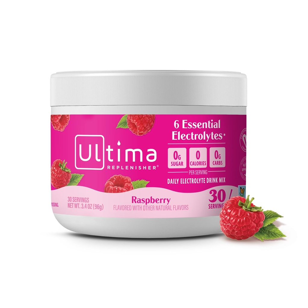 Ultima Replenisher Daily Electrolyte Powder Drink Mix - Cukier wolny - Malina, 30 Słupki - Proszek nawadniający z 6 Kluczowe elektrolity i Minerały śladowe - Keto Friendly, Wegan, Non-GMO
