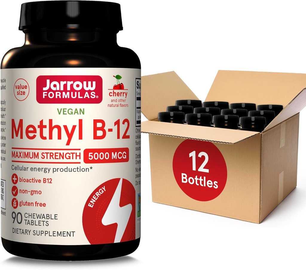 Formule Jarrow Putere maximă Metil B-12 5000 mcg Supliment alimentar - 90 comprimate cherry Chewable - Bioactive Vitamina B-12 - Sprijină producția de energie celulară, Sleep & Brain Health (Pachet de 12)