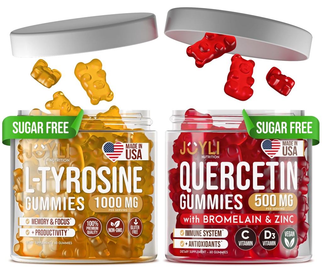 Joyli L-Tyrosine + Quercetin Gummies – Focus, Memory & Immune Support – Vegan Formula with Vitamin C, D3, Zinc & Bromelain – 2 Pack for Adults & Kids