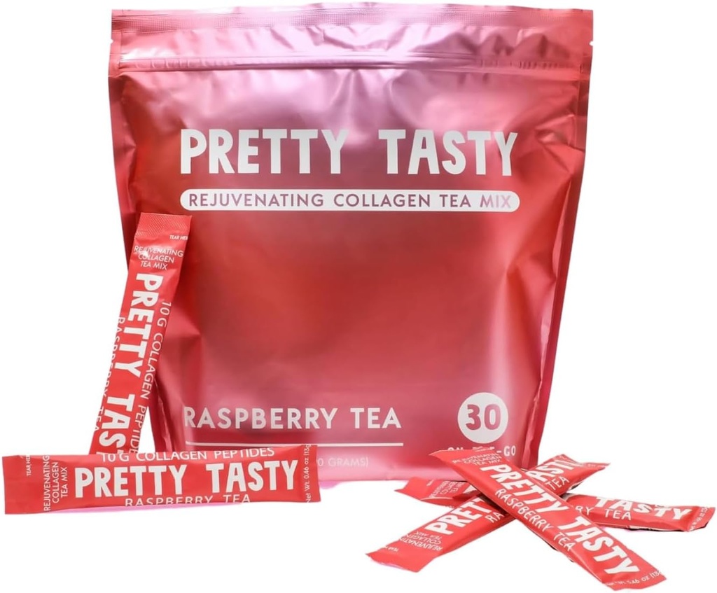 Pretty Tastig Raspberry Radiance Collage Tea - Stick Pack Pouch, Sun-Kissed Raspberry Blend, Skjønnhet og velvære, 10g Collage Peptides Mix, 30 greve