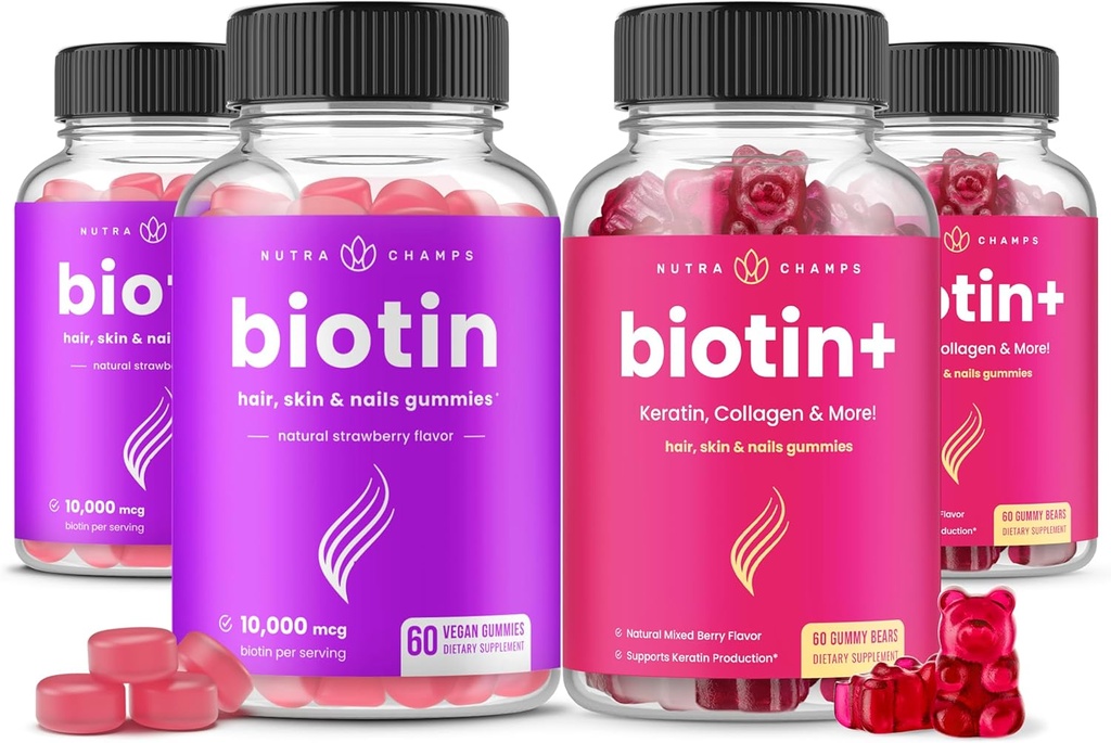 NutraChamps Biotin & Biotin+. Kompletné Duo pre vlasy, kožu a nechty. Biotín, kolagén, keratín a viac