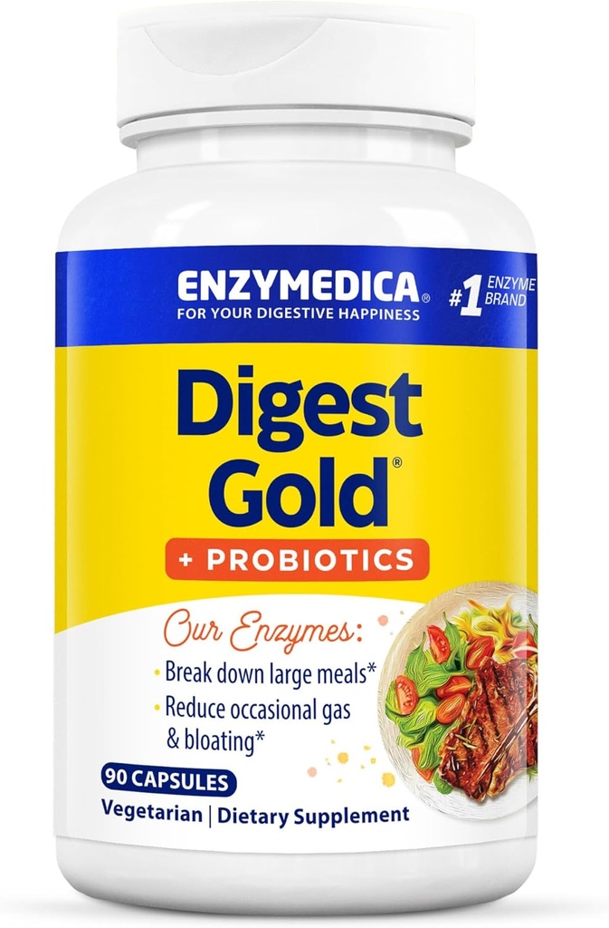 Enzymedica Digest Gold + Probióticos, Fórmula 2-in-1 para a saúde intestinal, encimas dixestivos e mil millóns de culturas probióticos activas, 90 Conde (FFP)