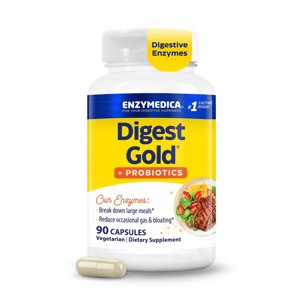 Enzymedica Digest Gold + Probiotics - Digestive Enzyme Supplement for Women & Men, Enzyme and Probiotic Capsules for Digestion, Gut Health Support, Helps Gas & Bloating, Vegetarian - 90 Caps