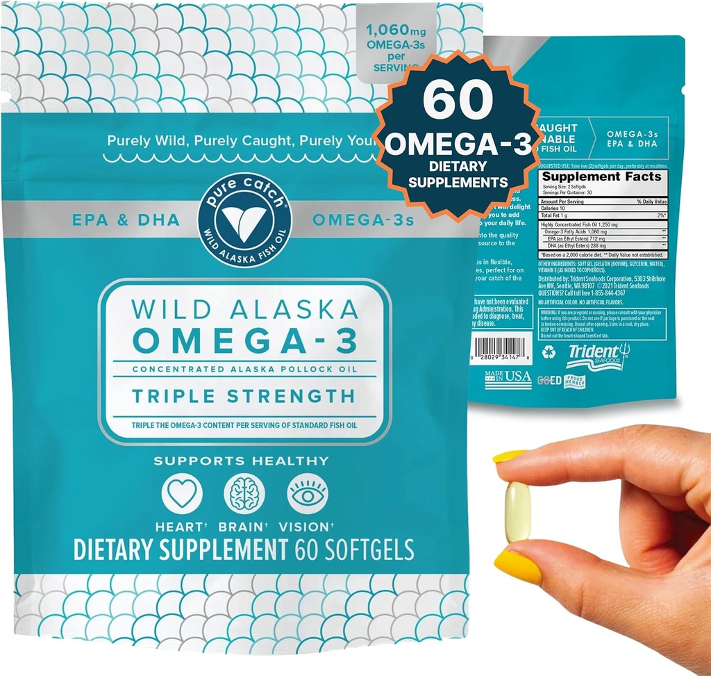 Trident Seafoods Pure Catch Wild Alaskan Fish Oil 1060mg Triple Strength Omega-3 Fish Oil Supplement for Women and Men - EPA and DHA - 60 Ct. Daily Citrus Soft Gel Supports Heart, Brain, and Vision