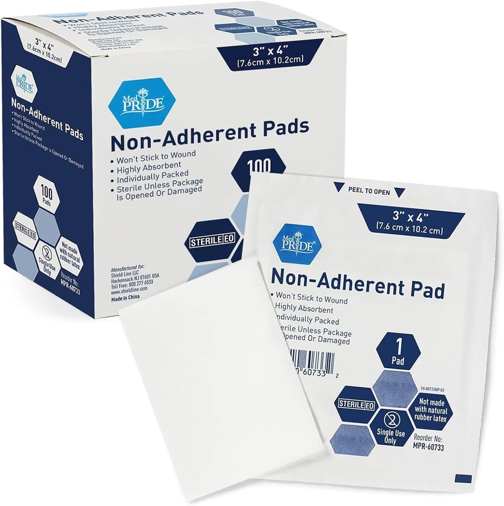 MED PRIDE Sterile Non Stick Pads for Wound Care and Wounds, Altamente Absorvente, Remoção indolor, Envolto individualmente (3x4 Ponch (Pacote de 100))