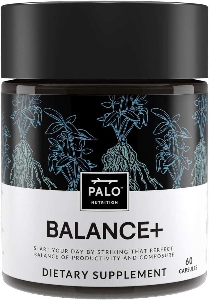 PALO Balance+ Mood Support supplement with Adaptogens , helps cool The Mind ' Body, Stress Relief Energy supplements | 100% Plant-Based , Ashwagandha, Astragalus, Rhodiola, Green Tea, 60 Capsules