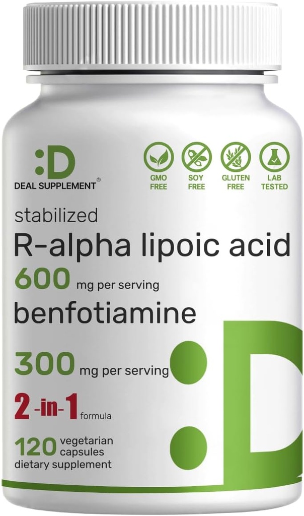 ENDRING R Alpha Lipoic Acid 600mg med Benfotiamin 300mg per servering, 120 Veggie Capsules – 200mg R-ALA per kapsel – Antioksidant Supplement for energi og nervesystem støtte