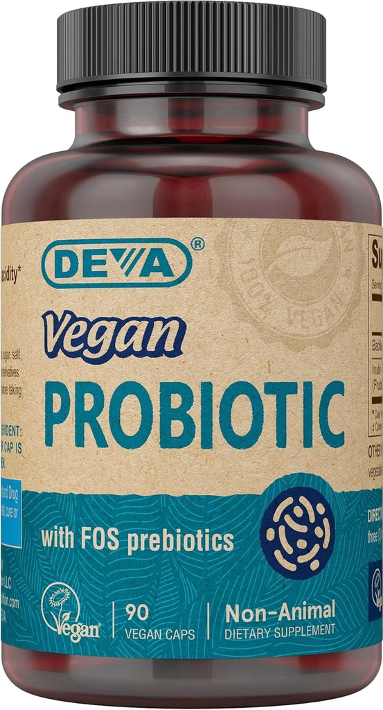 Probiótico de DEVA Vegan con Suplemento de Prebióticos FOS - 2 Billion CFU con 100 MG de Prebióticos por servizo para homes e mulleres - Gluten non aireado - Natural Shelf Stable - 90 cápsulas
