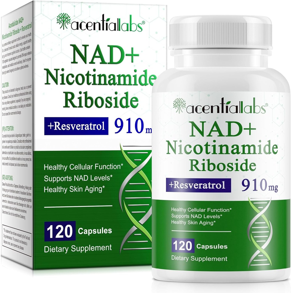 NAD Supplemento, NAD Nicotinamide Riboside Resveratrolo 910mg, Integratore NAD ad alta purezza per la funzione cellulare sana, Supporta livelli NAD sana invecchiamento cutaneo Integratore alimentare 120 capsule