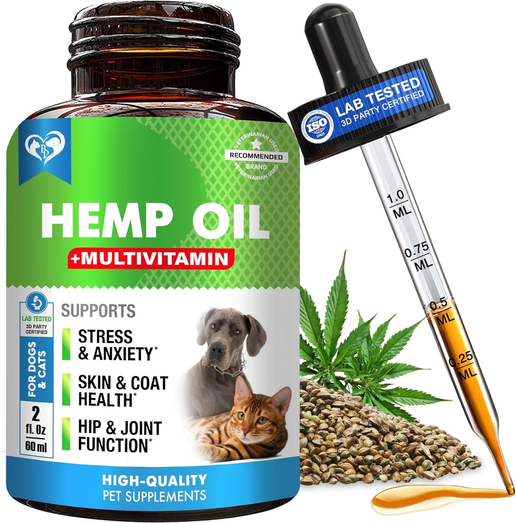 Mačka a pes Hemp olej kvapky s multivitamínom - Pet upokojujúce Anti Úzkosť & Hip a spoločné bolesti a podpora proti stresu - Prírodné kvapaliny doplnok (2 oz)