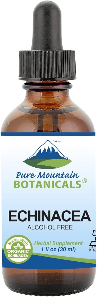 Pure Mountain Botanicals Liquid Echinacea Drops – Kosher Tintura Álcool Extrato Livre - 500mg Echinacea Orgânica - 1 oz Garrafa