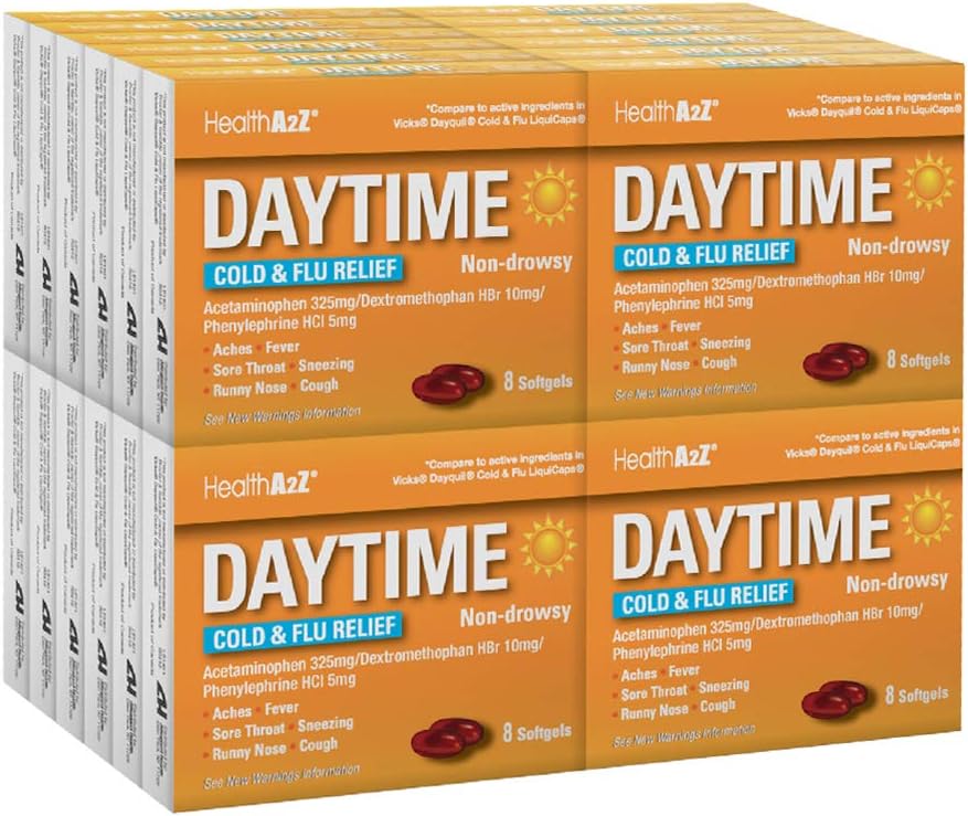 HealthA2Z, Daytime - Cold " Flu Medicine - Powerful Multi-Symptom Day Relief - Cold " Flu Medicine (8 count (Pack of 24)