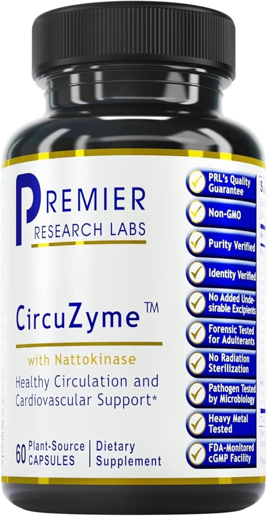 Premier Research Labs CircuZyme - Suplementos de circulação sanguínea Suportando fluxo de sangue e suporte vascular com Diosmin, Cayenne & Nattokinase, para homens e mulheres - 60 Cápsulas Vegetarianas