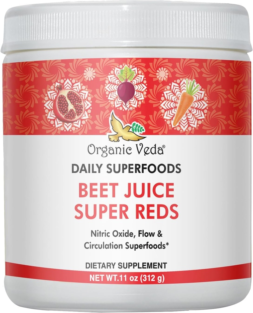 Organic Veda Beet Root Powder Juice Supplement with Superfood Reds - Beet Juice Powder with Nitric Oxide to Support Circulation, Energy, Endurance, and Stamina - Vegan, Non-GMO - 11 oz