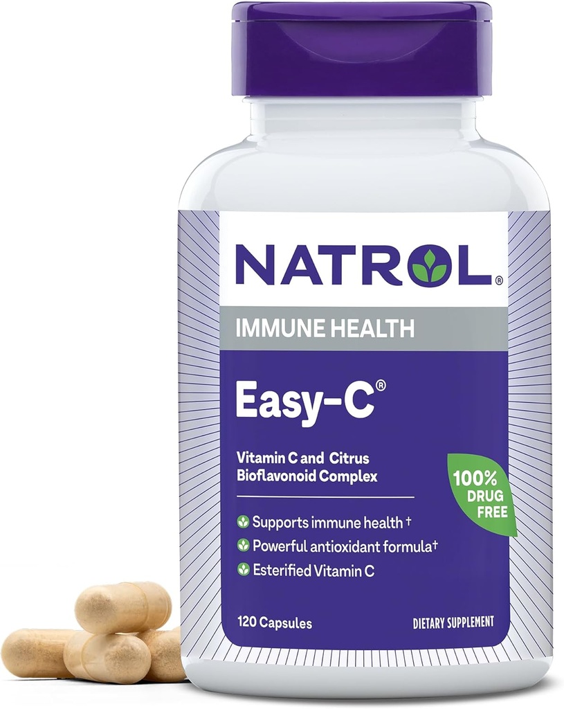 Natrol Easy-C Immune בריאות, תוספת תזונתית, תומך בבריאות החיסון עם ויטמין C ו ביופלונואידים, Veggie קפסולות, 500 מ"ג, 120 מ"ג, הרוזן