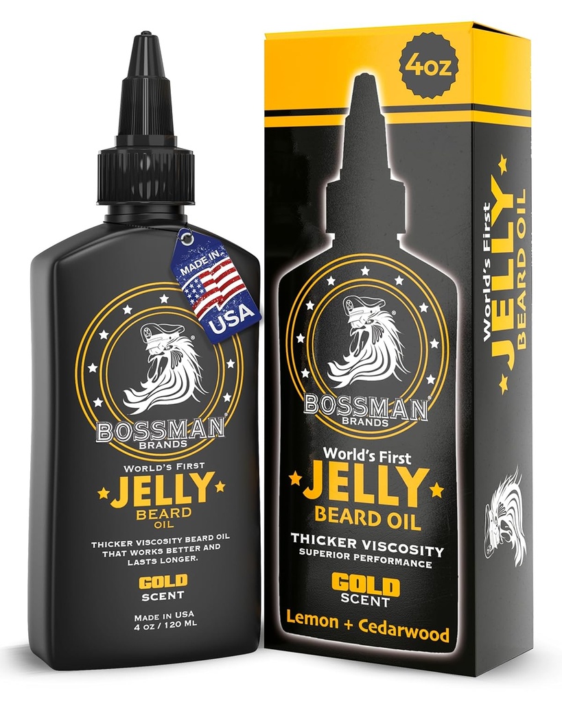 Bossman Jelly Beard Oil vīriešiem (4 oz, Gold Scent) – Mīkstina, Mitrina & Nosacījumi ar dabas sastāvdaļām