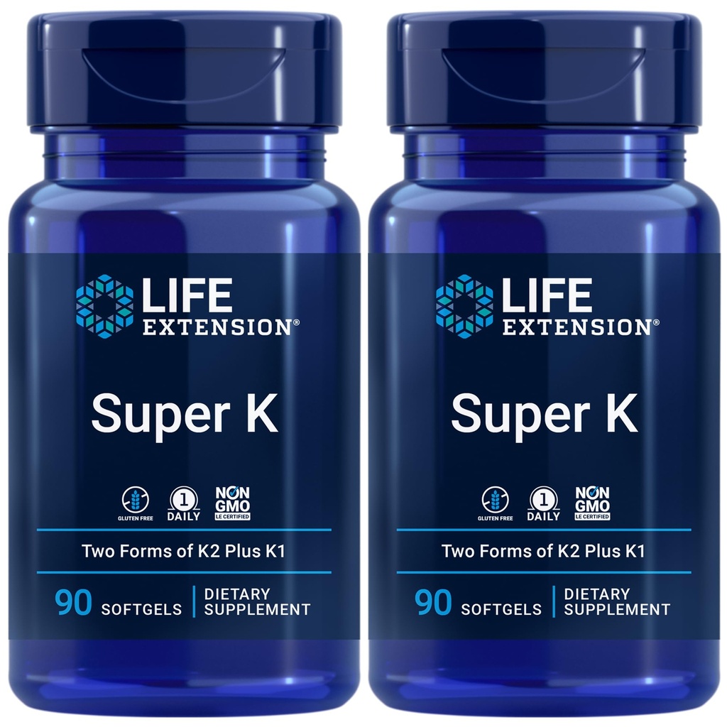 Life Extension Super K, Vitamin K Supplement, 2000 Mcg Vitamin-K and 1180 Mcg Vitamin K2, Heart Health, Once-Daily, 90 Softgels (Pack of 2)