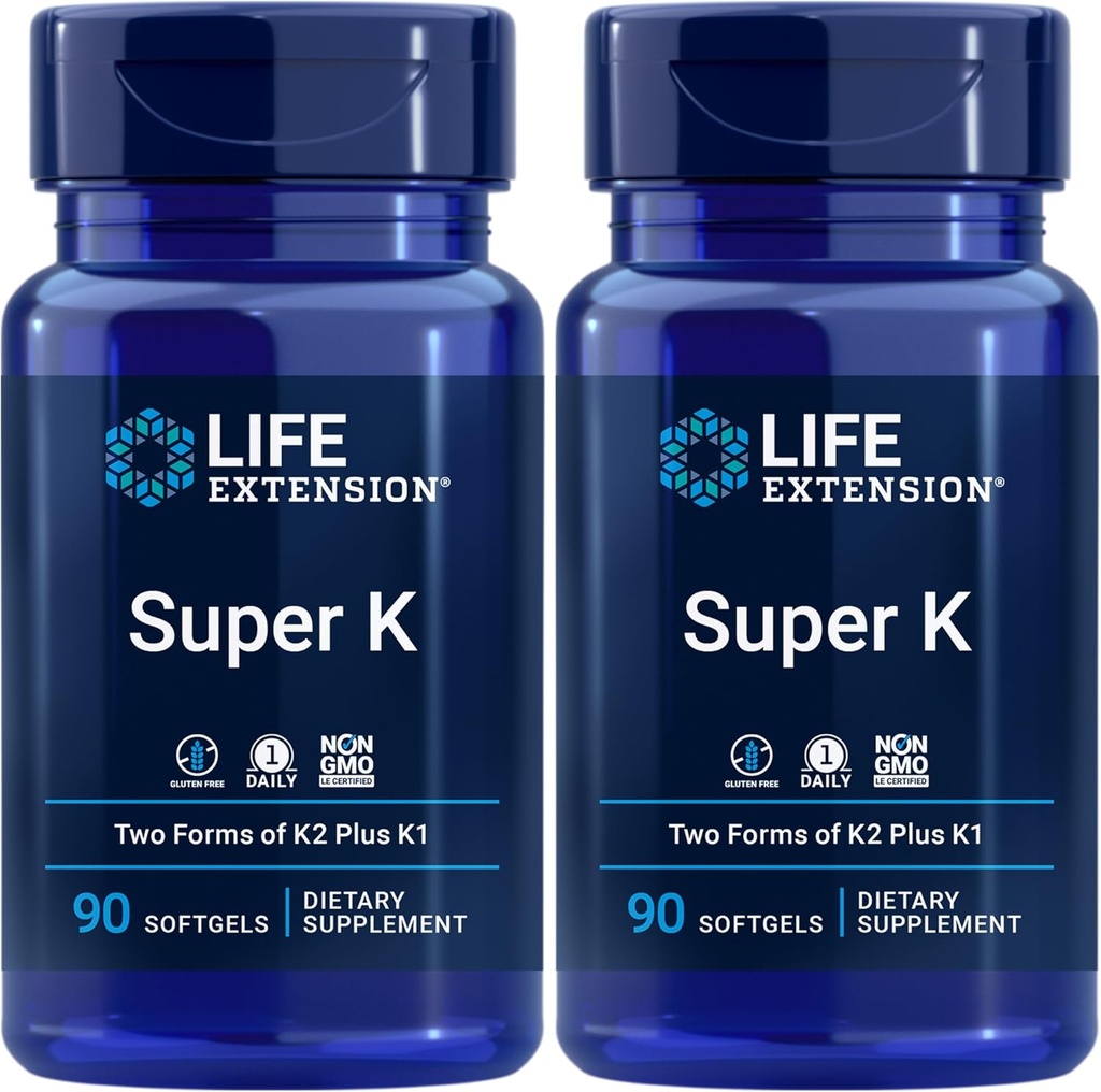 Life Extension Super K, Vitamin K1, Vitamin K2 mk- 7, Vitamin K2 mk-4, Vitamin C, Bone / Heart / arteriel Sundhed, 3- Month Supply, Gluten- Free, 1 Daily, Non- GMO, 90 softels (Pack of 2)