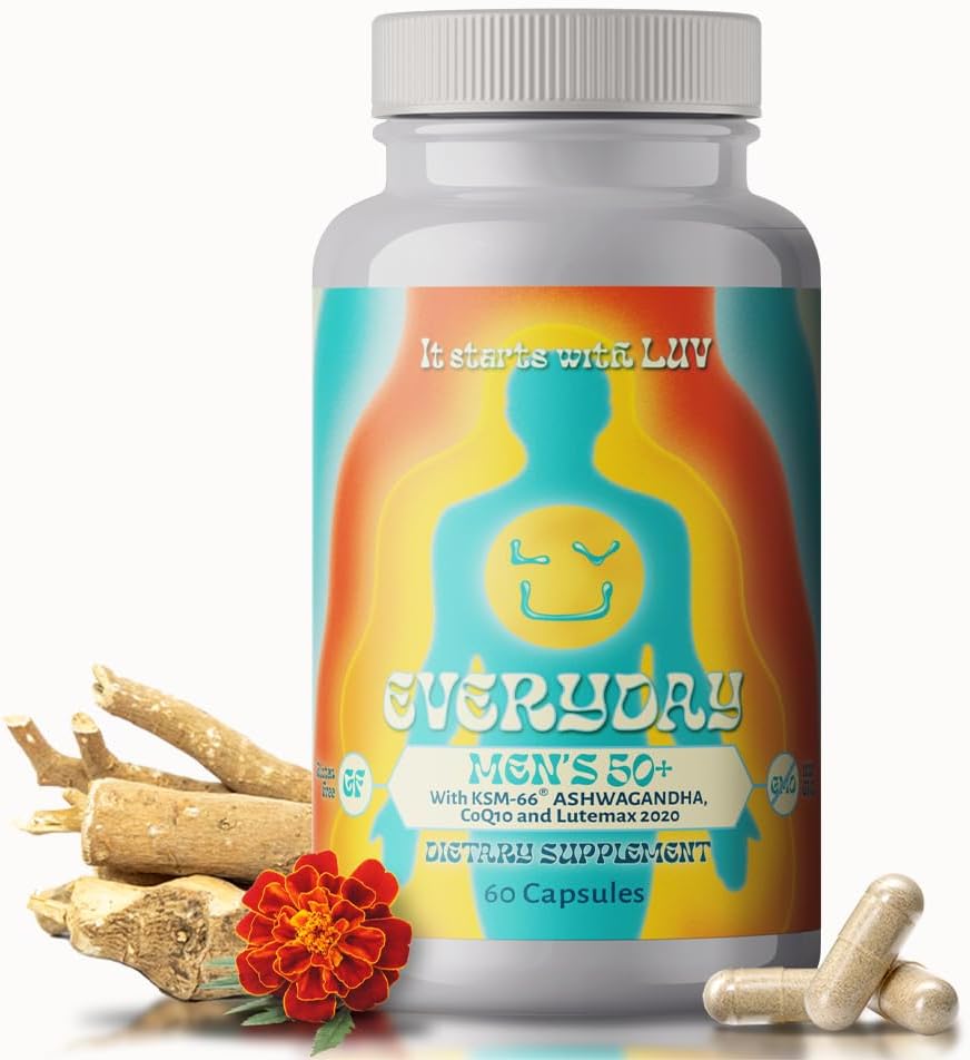 LUV EverydayTM Men’s 50+ Multivitamin - Adult Formula Daily Nutritional Support with Iron, Calcium, KSM-66 Ashwaganda, CoQ10, Lycopene e Lutemax 2020- Vegetarian Gluten-Free & Non-GMO - 60 capsule