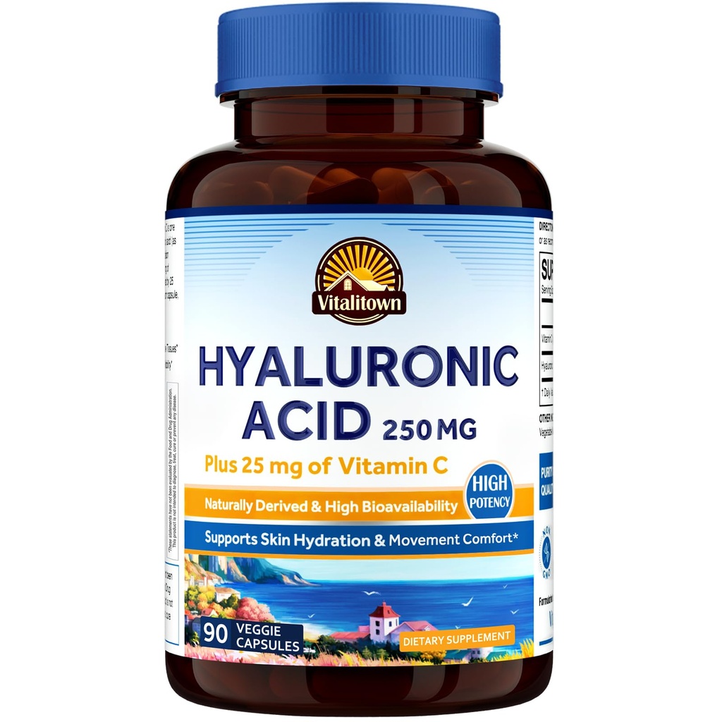 Vitalitown Hyaluronic Acid Supplements 250 mg, Plus 25 mg Vitamin C, Naturally Derived & High Bioavailability, Skin Hydration, 90 Vegan Capsules, 3 Month Supply