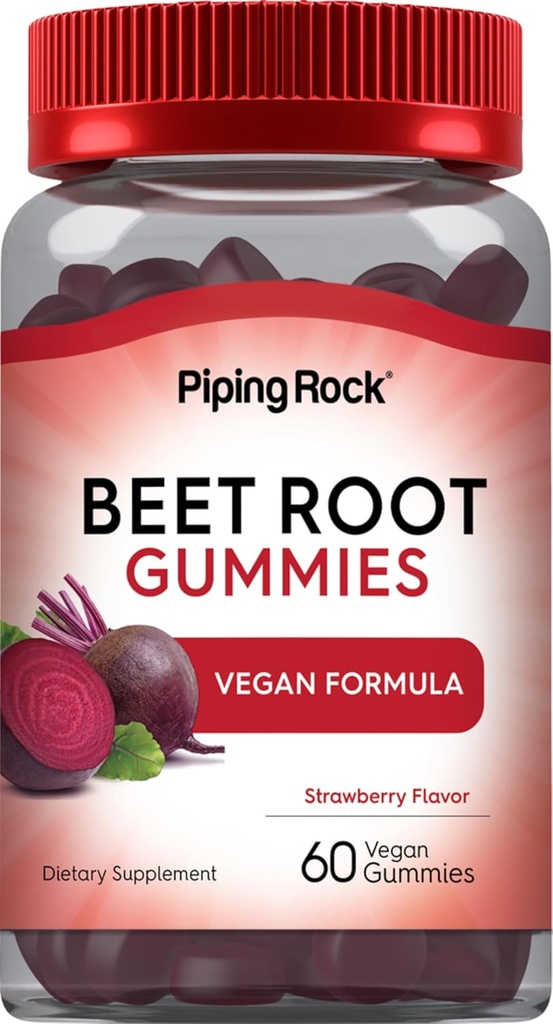 Piping Rock Beet Gummies Root 124; 60 Hrabia 124; dla mężczyzn i kobiet 124; Suplement tlenku azotu 124; z witaminy C i czarny pieprz 124; Truskawka Flavor 124; Wegan, Non-GMO, Gluten Free