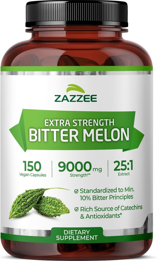 Zazzee Extra sterkte Bittermeloen 25:1 Extract, 9000 mg sterkte, 10% Bitter Principes, 150 Vegan Capsules, gestandaardiseerd en geconcentreerd 25X Extract, 100% vegetarisch, all-natural en niet-GMO