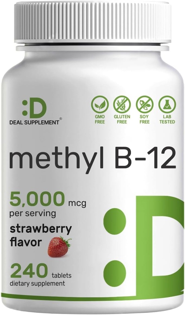 DEAL  toevoegingsmiddelen Methyl B-12 Vitaminen 5000 mcg, 240 Kauwtabletten Actieve vorm - Aardbei Gearomatiseerd - Energie Support & Brain Health Function - Vegetarisch & GGO-vrij