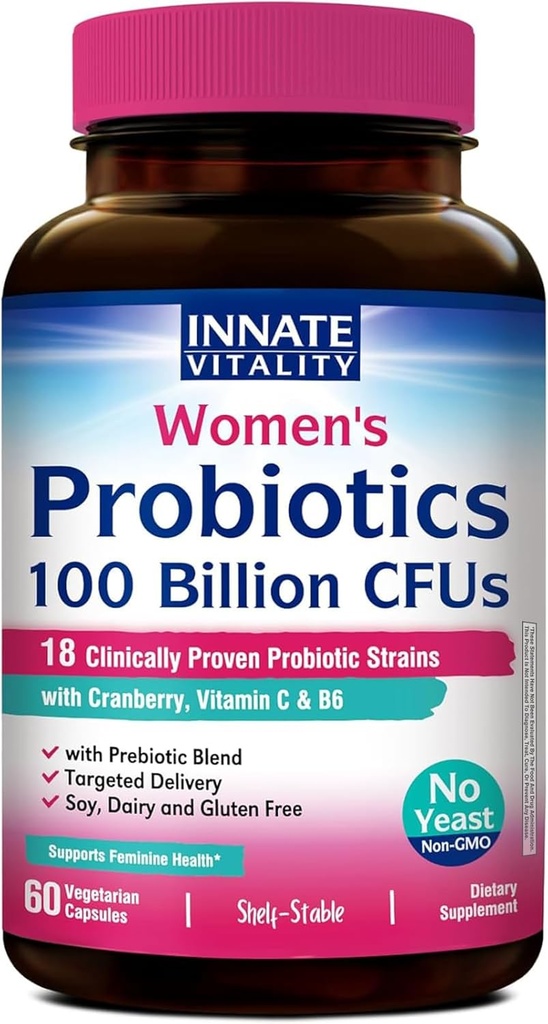 Innfødte Vitality Probiotika for kvinner, 100 milliarder CFU 18 Strainer, Prebiotika og Probiotika, med Cranberry, vitamin C & B6 P5P, Vaginal & Digestive Helse, Ikke-kjølt, 60 Caps