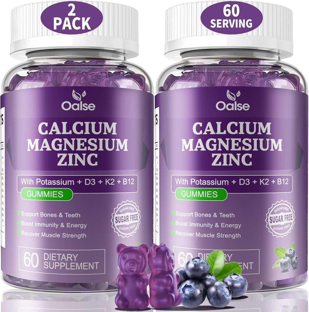 (2 Pack) OALSE Calcio Magnesio Zinco Gummies con vitamina D3 & K2-alto assorbimento Magnesio Glycinate-Muscles, Immune & Sleep Support-Sugar Free- Blueberry Flavored-120 Counts
