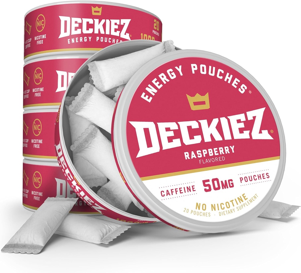 Deckiez Energy Pouches, 5 Cans (100 Servings), Sugar Free Caffeine supplement, coffee Pouches ' Energy Drink Alternative, 50mg Caffeine Pouches, Raspberry Flavor