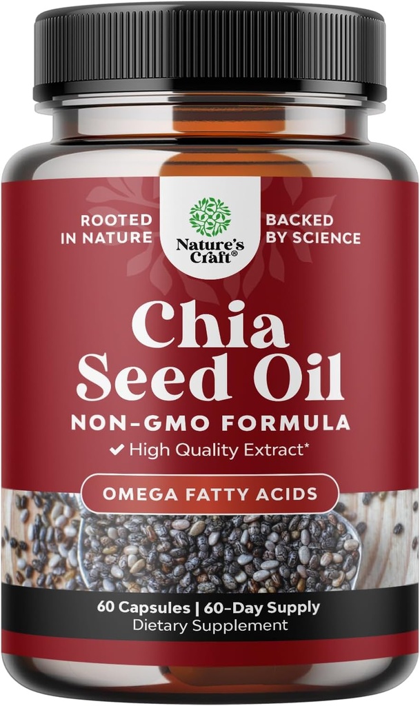 Chia Seed Oil Supplement for Weight Loss and Energy Natural Superfood Protein Metabolism Booster for Men and Women - Tryptophan Antioxidant Vitamins Omega 3 Fatty Acids 60 Edukiontzi bakoitzeko