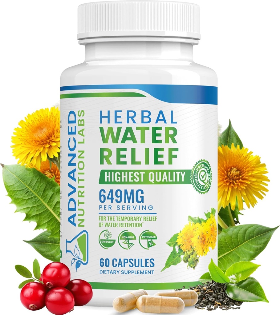 Herbal Water Relief Diuretic Water Pills for Water Retention, Bloating, Opuchnięte nogi, Stopy - Dandelion Extract Supplement - Water Retention Loss - Diuretics for Women & Men - 60 Kapsułki