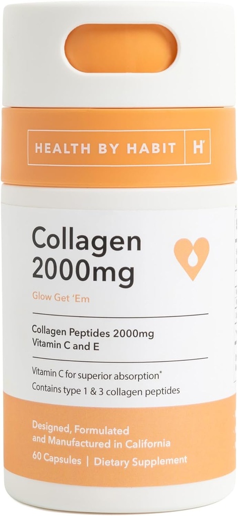 Habit Collagen 보충교재 (60의 캡슐)에 의하여 건강 - 비타민 C & 비타민 E, 2000mg의 교원질 펩티드, 우량한 흡수, 지원 당신의 피부, 비 GMO, 설탕 자유로운 (1 팩)