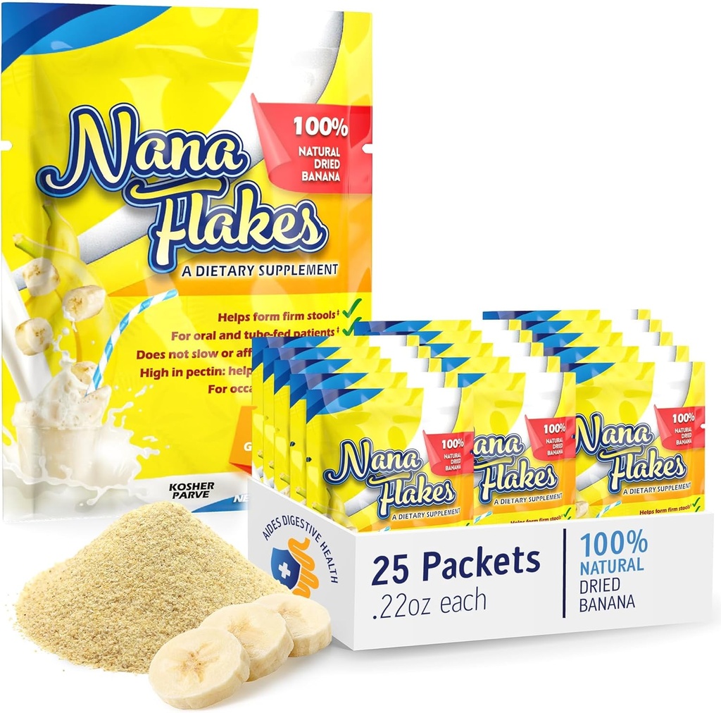 Nana Flakes 100% Pure Banana Flakes Medical Food Powder - Decrease Fat Intake & Natural Remedy for Diarrhea ' Heart Burn - Great Source of Protein ' Fiber (25 One-Serve Packs)